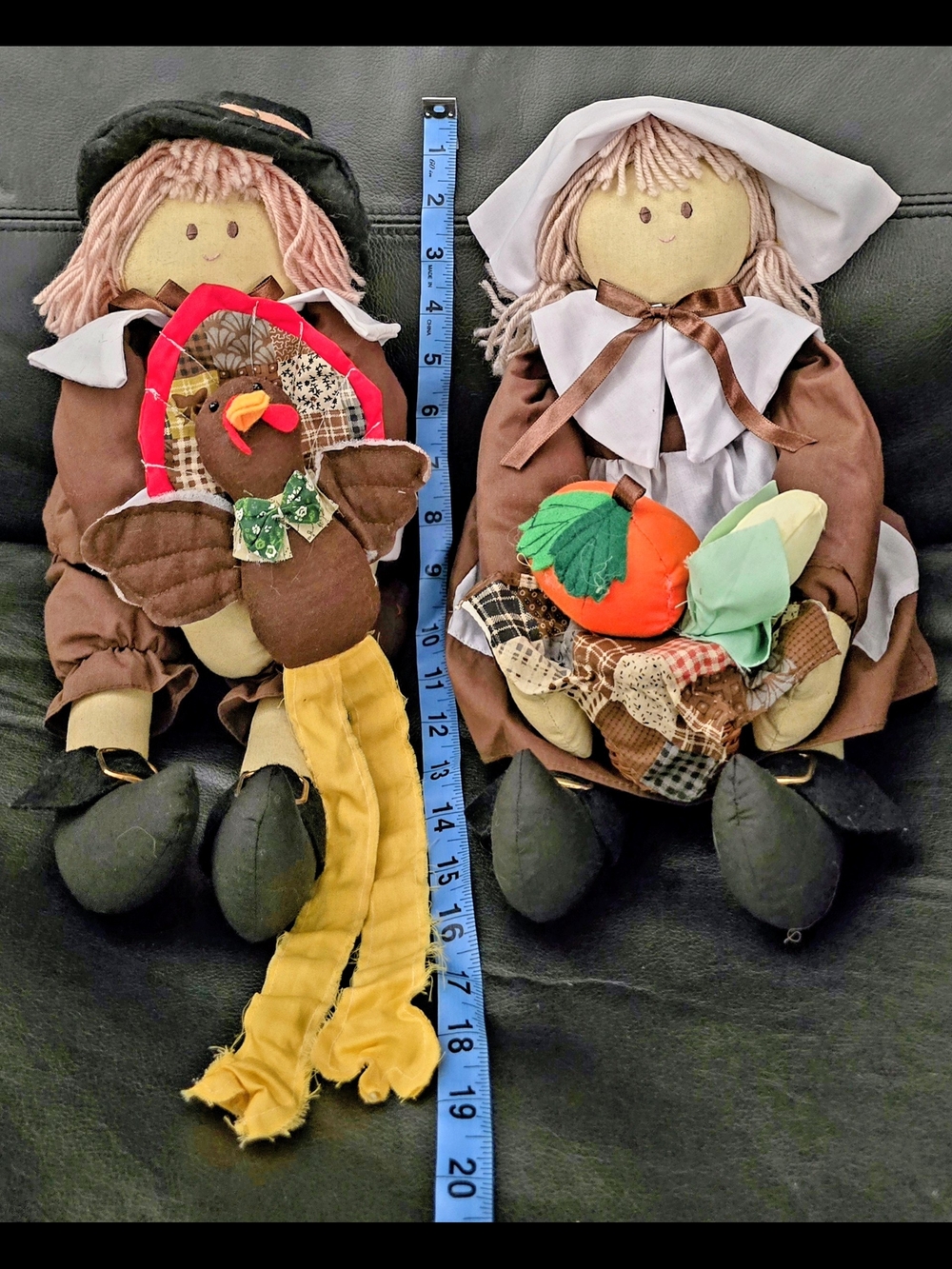 Handmade Pilgrim Rag Dolls with Turkey & Pumpkin Accents - Brown & Cream